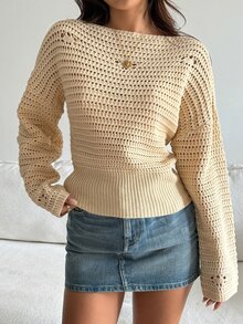 DAZY Solid Color Fitted Boat Neck Hollow Out Long Sleeve Casual Elegant Vacation Autumn/Winter Knit Sweater For Women - Apricot - View 3