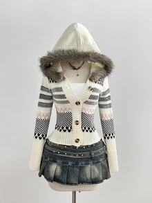 Elamini Women's Fashion Versatile Heavy-Duty Fur Collar Daily Commute Outfit Autumn/Winter Fair Isle Cardigan - Multicolor - View 4