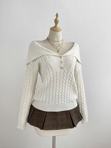 Elamini Women's White Casual Versatile Commute Daily Wear Classic Cable Knit Half-Button Pullover Sweater, Autumn/Winter - White - View 1
