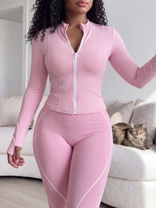 SHEIN Core Rhythm Women's Solid Color Zipper Front Sports Jacket - Baby Pink - View 4