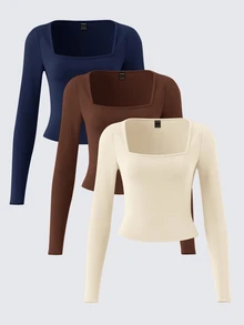 SHEIN BASICS 3件組女款純色針織長袖修身方領短版T恤，夏季服飾 - 彩色 - 查看 1