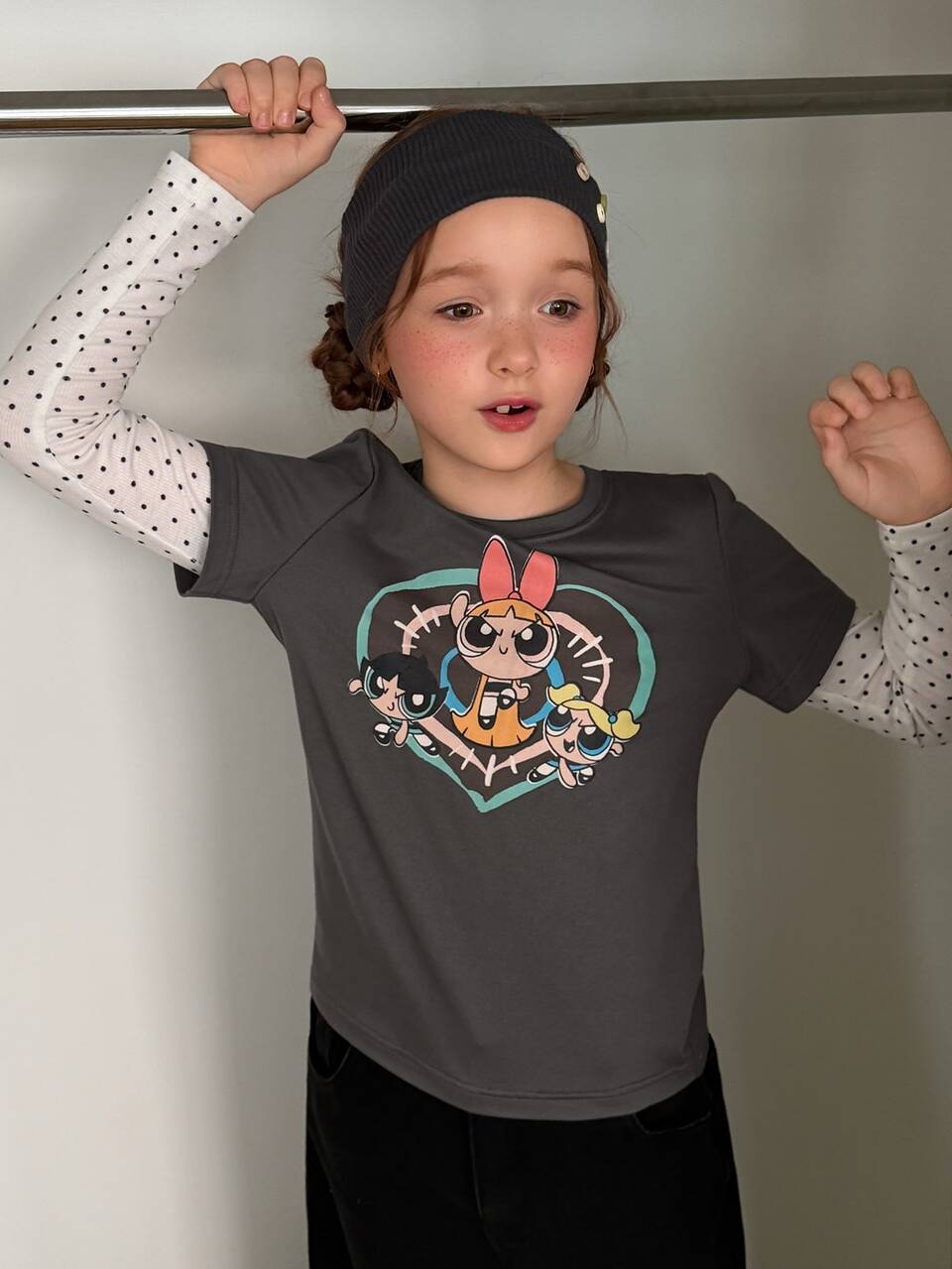 Tween Girl Cute Cartoon Print Contrast Color Polka Dot 2 In 1 T-Shirt Fall