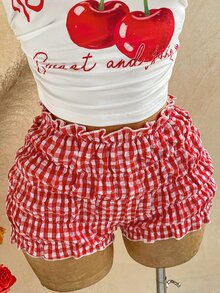 Soleia Plus Size Sexy Asymmetrical Shoulder Metal Flower Decor Top And Plaid Ruffle Hem Shorts 2 Pieces Set - Red - View 8