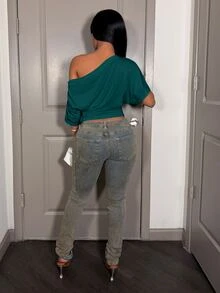 Slaydiva 春夏度假夜生活雞尾酒會優雅性感派對約會生日派對休閒露肩寬鬆收腰百褶深青色T恤上衣 - 墨綠色 - 查看 2