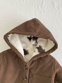 SHEIN Playful Pals 男嬰休閒經典燈芯絨印花抓絨內裡前口袋前扣連帽長袖外套 秋冬款 - 棕色 - 查看 8
