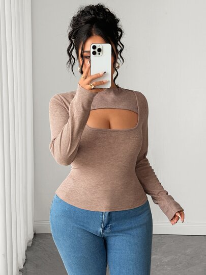 SHEIN Elenzya Two-Tone Knit Fitted Hollow Neckline Design Plus Size Long Sleeve T-Shirt