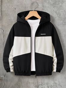 SHEIN Tween Boy Autumn Colorblock Patchwork Hooded Jacket - Black and White - View 1