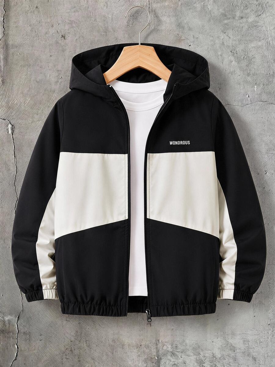 SHEIN Tween Boy Autumn Colorblock Patchwork Hooded Jacket - Black and White - View 1