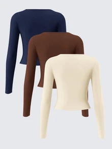 SHEIN BASICS 3件組女款純色針織長袖修身方領短版T恤，夏季服飾 - 彩色 - 查看 2