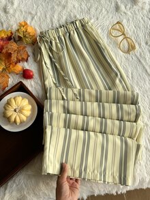 Comfortcana 大尺碼女款春夏條紋寬腿褲附腰部綁帶 - 淡黃色 - 查看 1