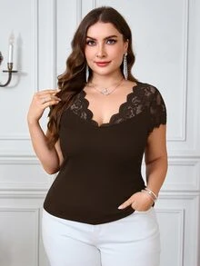 SHEIN Clasi 女款大尺碼法式蕾絲拼接時尚T恤 - 咖啡棕 - 查看 7