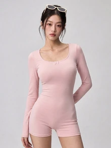 DAZY Women's Solid Color Bow Decor Long Sleeve Athletic Romper Fall - Pink - View 4
