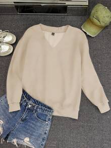 SHEIN EZwear 純色V領落肩寬鬆保暖運動衫 - 杏色 - 查看 4