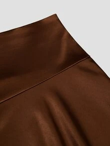 Sweetra Rok Pesta Elegan Ukuran Besar Musim Gugur/Dingin, Bahan Satin Elastis, Hem Asimetris, dan Patchwork Renda - Coklat - View 8