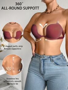 SHEIN 1pc Underwire Push-Up Transparent Strap Bra - Redwood - View 4