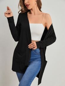 Elenzga Jaket Cardigan Tipis Lengan Panjang dengan Kantong, Model Slimming Relaxed Fit untuk Wanita Ukuran Plus, Cocok untuk di Rumah & Bepergian - Hitam - View 3