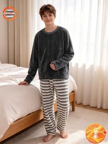 Teen Boy Solid Color Crew Neck Long Sleeve Top And Striped Long Pants Casual Everyday Outfit Autumn - Grey - View 3