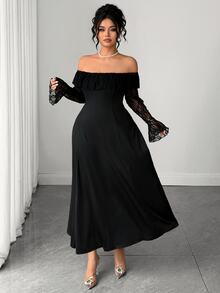 Cravure Plus Size Women's Off-Shoulder Contrast Lace Long Dress Fall - Black - View 3