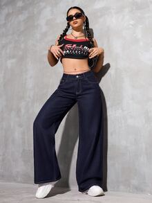 Jeanoix Petite Y2K Casual Washed Low Waist Wide Leg Women's Denim Jeans - Dark Wash - View 7