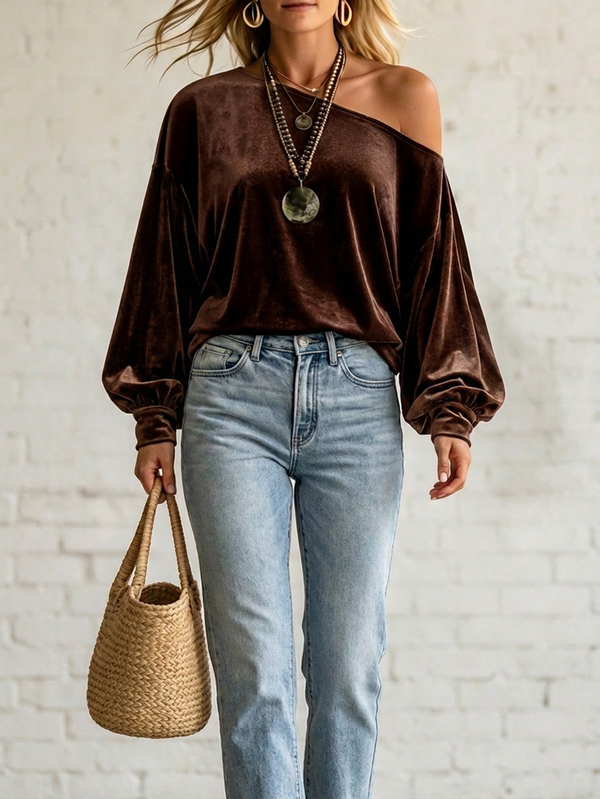 SHEIN Women's Elegant Casual Brown Velvet Off Shoulder Blouse Women Balloon Long Sleeve Loose Fit Autumn Sexy Casual Going Out Party Daily Streetwear