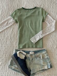 IslaSuriya Striped Contrast Lace 2 In 1 T-Shirt - Multicolor - View 2