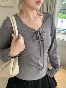Dazy Plus Atasan Kasual Warna Polos Model Slim Fit dengan Ikatan Depan, Lengan Panjang, Seksi, untuk Musim Semi dan Gugur, Atasan Lucu - Grey - View 4