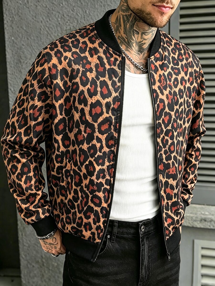 Manfinity CasualCool 男士豹紋棒球領休閒百搭日常旅行長袖夾克 - 彩色 - 查看 1