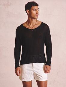 Musero Super Fine Knit V Mock Hem Long Sleeve Top Spring/Summer Essentials - Black - View 1