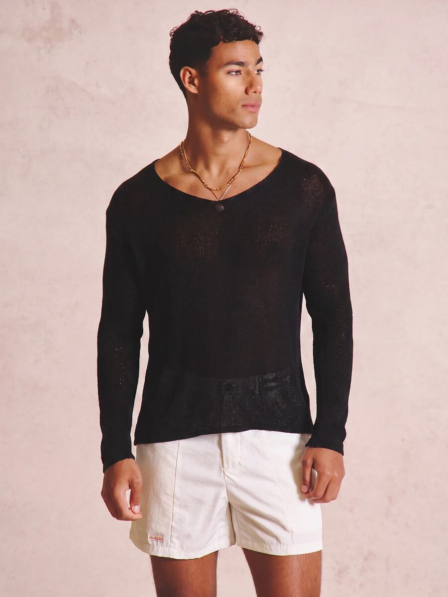 Musero Super Fine Knit V Mock Hem Long Sleeve Top Spring/Summer Essentials - Black - View 1