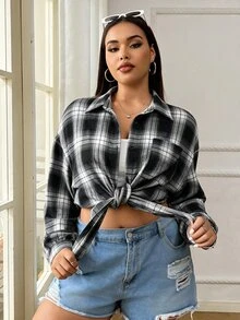 Solflare Plus Plaid Print Drop Shoulder Shirt Fall - Black - View 3
