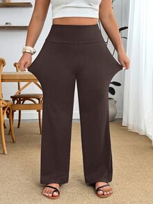 SHEIN PETITE CURVE 大尺碼休閒百搭純色高腰直筒長褲 - 棕色 - 查看 5
