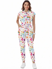 TaskEZ Silk Cartoon Graphic Cap Sleeve Drawstring Waist Scrub Jumpsuit - Multicolor - View 7
