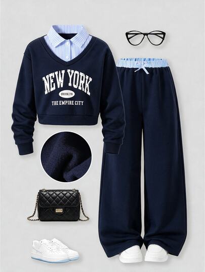 SHEIN ChillGRL Teen Girl Casual Minimalist Holiday Fashion Knit Warm Soft Polyester Fiber Urban Commute Streetwear Style Blue Design Colorblock 2 In 1 Collared Shirt V-Neck Cropped Long Sleeve Sweatshirt With Elastic Waist Bow Decor Long Pants Letter Print Back To School Autumn/Winter 2 Pieces Set