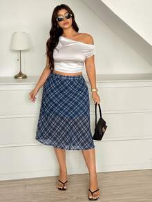 Vionelle Plus Size Vintage Casual Versatile Daily Sweet Girl Chiffon Plaid Skirt - Navy Blue - View 6