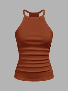 Slaydiva 2026 Primavera/Verano Nuevo Básico Casual Versátil Blanco Liso Acanalado Cuello Redondo Espalda de Corredor - Marrón Mocha - Ver 3