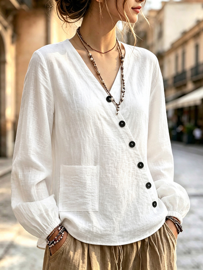 SHEIN Women's Elegant Fashionable Business Commute Travel Vacation Casual Outdoor Pullover Blouse With Button Decor And V-Neck Long Sleeve