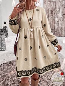 LanaWest Women's Khaki Print Long Sleeve Short Dress - Khaki - View 3
