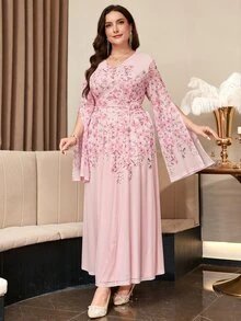 Reflora Plus Size Elegant Floral Print Party Dress - Pink - View 4