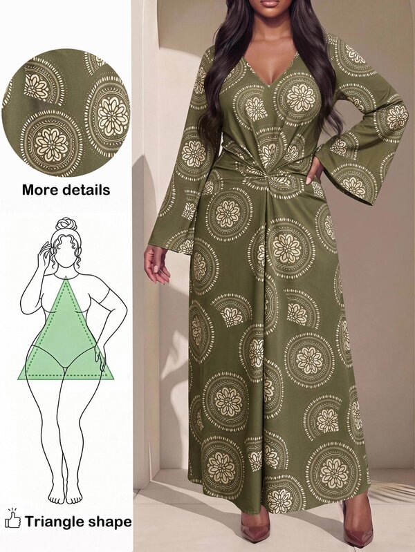 Truni Plus-Size Women's Olive Green Retro-Elegant Dress, Perfect For Autumn Wear