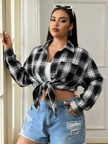 Solflare Plus Plaid Print Drop Shoulder Shirt Fall - Black - View 4