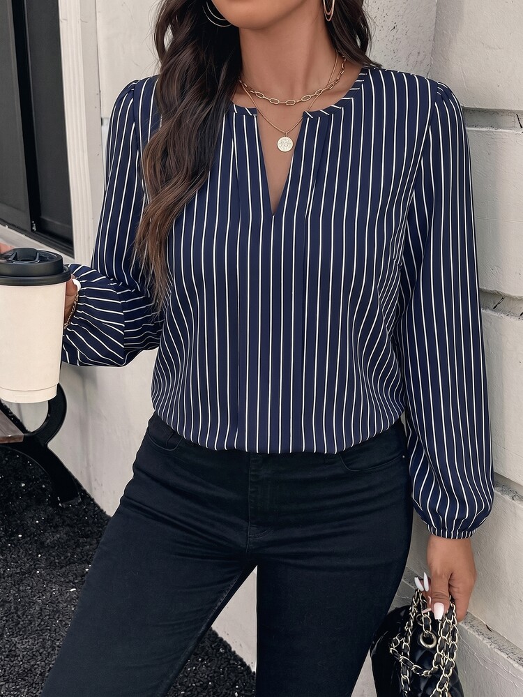 EMERY ROSE Plus Striped Print Notched Neckline Lantern Sleeve Blouse - Multicolor - View 4
