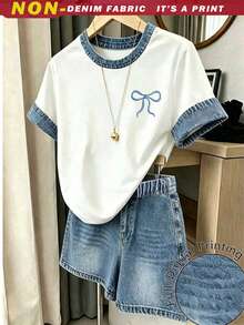 Tween Girl Bow And Denim-Effect Print Contrast Trim Tee & Shorts Set - Multicolor - View 4