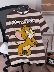 TOM & JERRY X SHEIN 大尺碼夏季休閒拼接色條紋卡通印花T恤 - 白色 - 查看 1