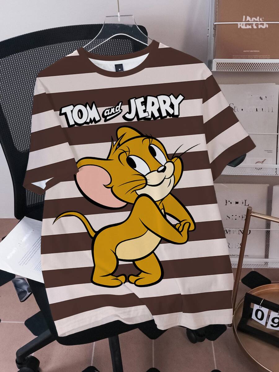 TOM & JERRY X SHEIN 大尺碼夏季休閒拼接色條紋卡通印花T恤 - 白色 - 查看 1