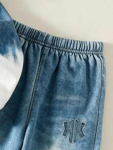 Tween Boys Sweatshirt Set Denim Effect Tie Dye Dark Blue Crew Neck Digital Print Long Sleeve Paired With Long Pants For School Active Autumn Winter - Multicolor - View 4