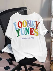 LOONEY TUNES X SHEIN 大尺碼夏季休閒卡通印花T恤 - 白色 - 查看 2