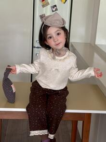 DAZY Baby Girl Bow Decor Casual Round Neck Long Sleeve Top Fall - Apricot - View 4