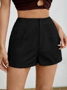 SHEIN PETITE Women's Solid Color Casual Versatile Daily Shorts - Black - View 8