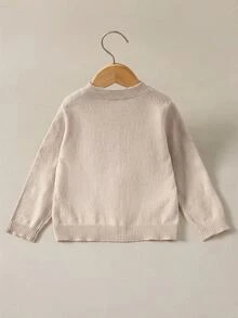 SHEIN 女童修身圓領針織開襟毛衣外套，基礎款針織開襟衫，適合海邊度假、冷氣房、開學季、優雅聚會等場合，適合秋冬穿著 - 卡其色 - 查看 3