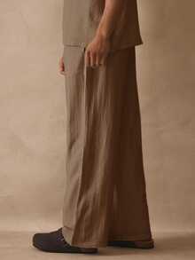 Musero Straight Leg Button Detail Elasticated Drawstring Waistband Trouser Linen Pants Spring Summer Essentials - Brown - View 3